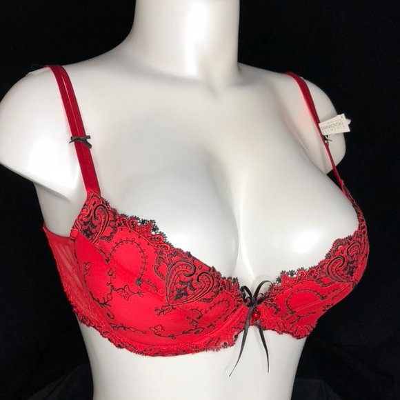Elegant Red Lace Bra with black embroidery, crystal appliqués - Picture 2 of 6